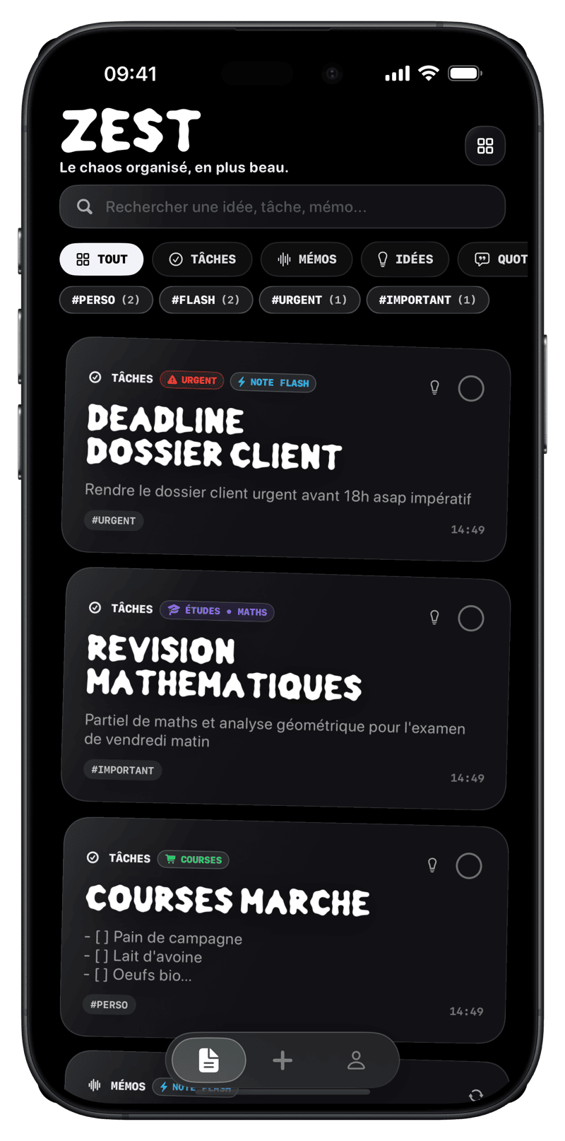 Zest - Fil de notes brutaliste sur iPhone 16 Pro Max